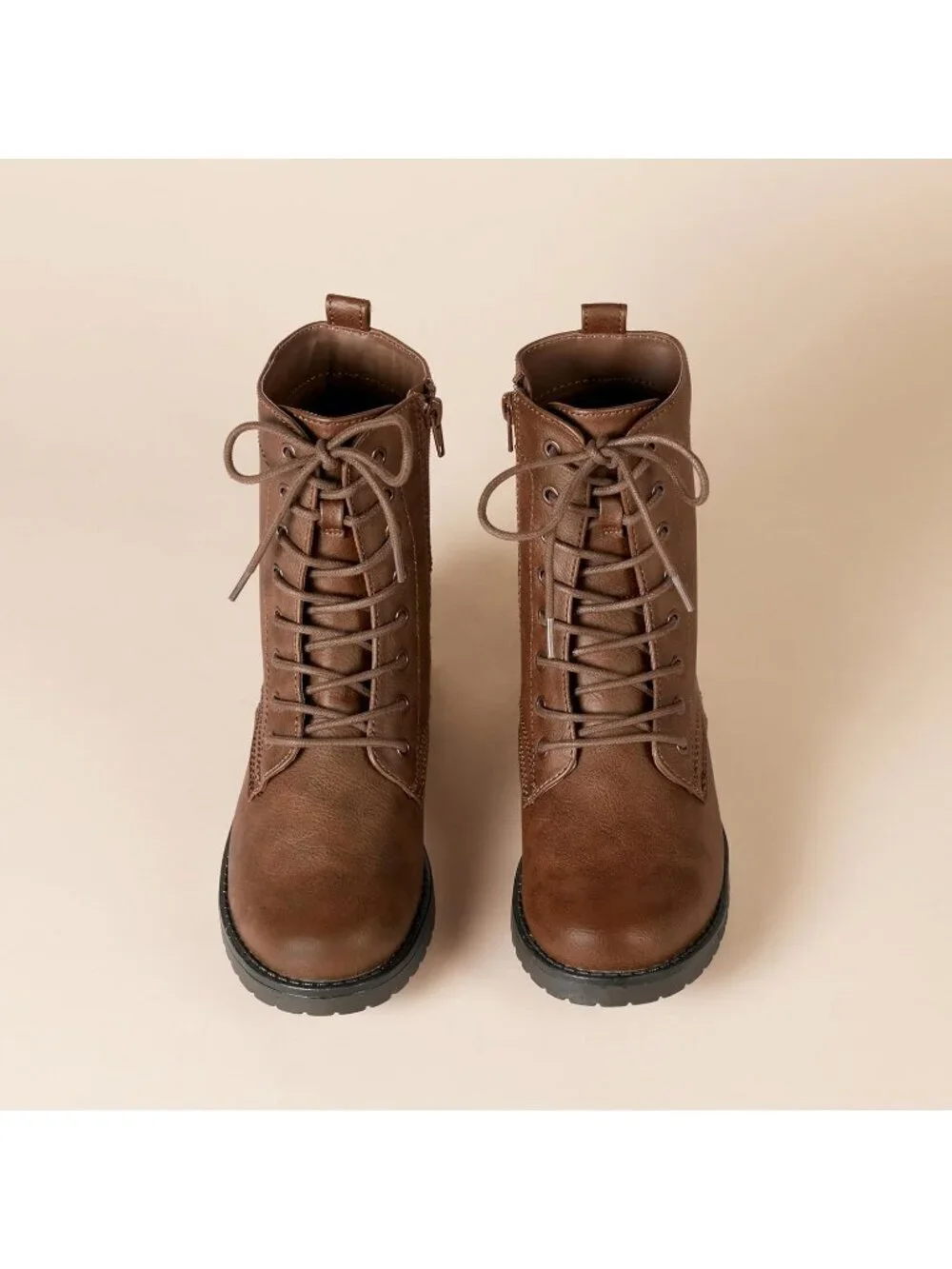 Women's Brown Thermoplastic Lace Up Platform Side Zipper Lug Sole Ankle Booties